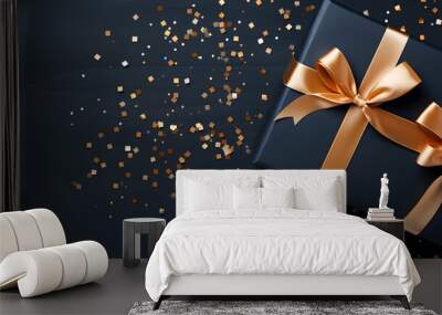 Gift box with golden ribbon and confetti on black background for celebration Wall mural