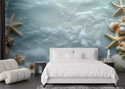 The image features a blue and white background with various starfish and pearls scattered across. Wall mural