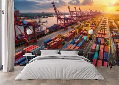 A cargo port or terminal with cranes loading shipping containers onto cargo ships Wall mural