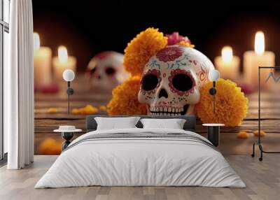 A close-up shot of decorated skulls and marigolds for  a Day of the Dead altar (Dia de los Muertos altar) Wall mural