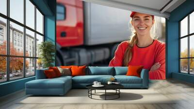 A young female truck driver standing in front of  her truck Wall mural