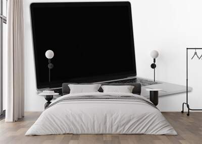 front view of a modern generic silver metallic laptop with a blank black screen and isolated on a tr Wall mural