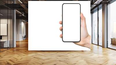 Mobile modern technology template - woman hand holding generic frameless smartphone with blank screen isolated on a white background with copy space. Wall mural