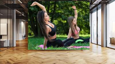 Two beautiful young women doing outdoor yoga exercises in the park on a sunny day Wall mural