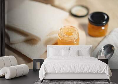 Breakfast with bread and jam on the wooden table Wall mural