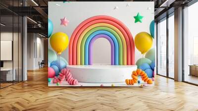 Clean clay podium with rainbow clay party elements, bright white studio background, festive and lively 3D product sale display Wall mural