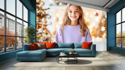 Girl in blank purple sweatshirt, surrounded by holiday stars, dreamy Christmas setting Wall mural