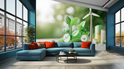 Green economy, renewable energy icons growing on a financial chart, 3D illustration Wall mural