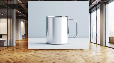 Minimalist metal mug on a clean white background, showcasing smooth reflective surface, metal mug mockup, product display Wall mural