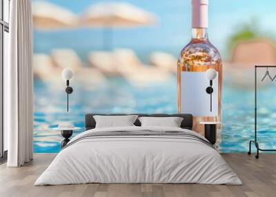 Wine bottle with blank label submerged halfway in a clear pool, artistic reflections, unique mockup for creative branding Wall mural