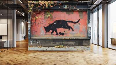 A black cat chasing a rat, painted on a boarded-up shop window, with peeling paint and autumn leaves on the ground. Wall mural