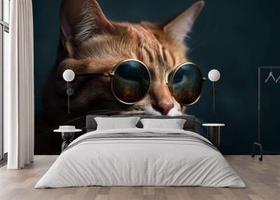 Closeup portrait of funny ginger cat wearing sunglasses. AI Generative Wall mural