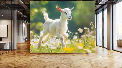 Cute Little funny baby goat jumping in the field with flowers. Generative Ai Wall mural