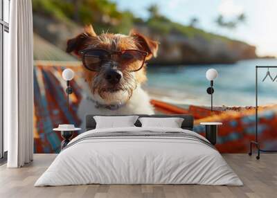 Dog Relaxing in Hammock by the Ocean Wall mural