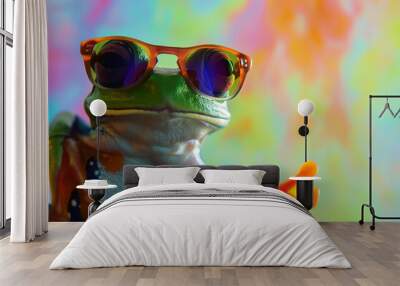 flying frog laughing with sunglasses. AI Generative in studio with a colorful and bright background Wall mural