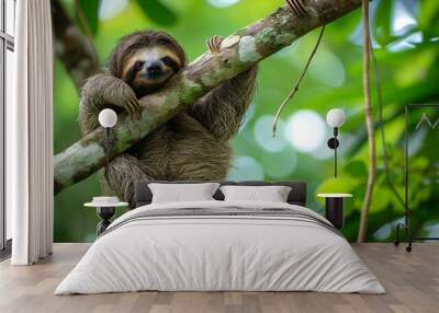 Funny sloth hanging on tree branch, cute face look, perfect portrait of wild animal. AI Generative Wall mural