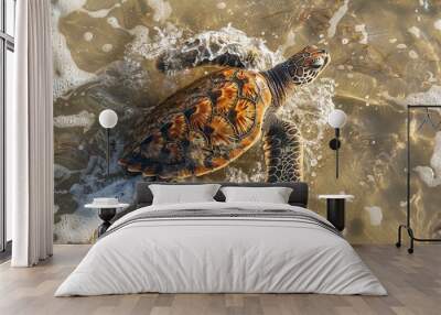 The loggerhead sea turtle after being born on a beach . Generative Ai Wall mural