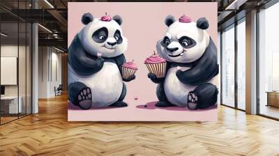 Two funny fat pandas with cupcake. Generative Ai Wall mural