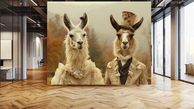 Two Llamas Dressed in Formal Attire Wall mural