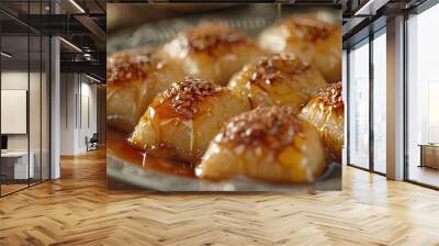 A close-up of a plate of sweet treats drizzled with honey and topped with sesame seeds. Wall mural