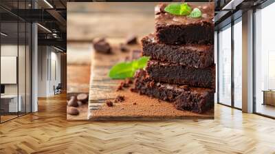 A stack of chocolate brownies on wooden with mint leaf, homemade bakery and dessert. Generative Ai Wall mural