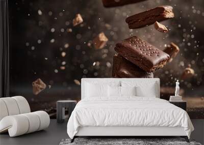 Aesthetic sweet food concept. Flying chocolate biscuits . Generative Ai Wall mural