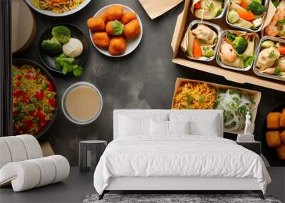 Buffet table scene of take out or delivery foods. Ai Generative Wall mural