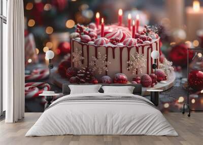 Christmas Cake with Red and White Decorations Wall mural