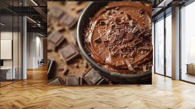 Close-up of a bowl of chocolate mousse with chocolate shavings on top. Wall mural