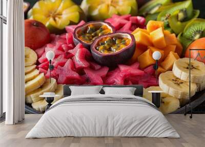 Colorful Fruit Platter with Passion Fruit, Kiwi, and Banana Wall mural