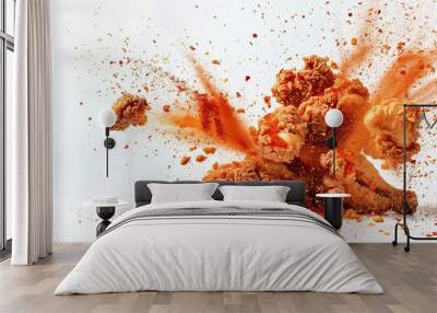 Explosion of hot and spicy fried chicken with red chili powder on a white background. Generative Ai Wall mural