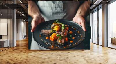 food elegant expensive dish plate dark black gourmet dinner chef. Generative Ai Wall mural