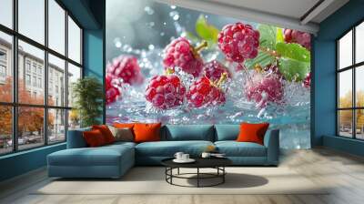 Fresh Raspberries Splashing in Water Wall mural