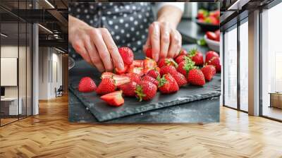 Fresh Strawberries Being Prepared for a Delicious Treat Wall mural