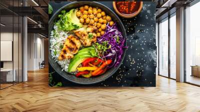 Grilled chicken, rice, spicy chickpeas, avocado, cabbage, pepper buddha bowl on dark. Generative Ai Wall mural