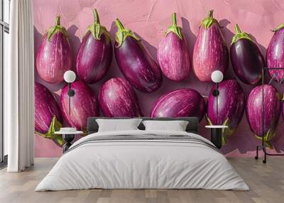 Purple Striped Eggplants on Pink Background Wall mural