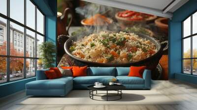 Steaming Hot Rice Dish with Herbs Wall mural