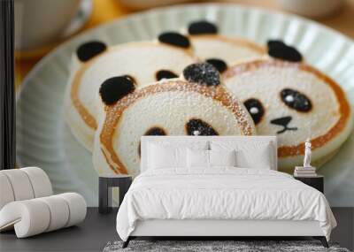 These fluffy pancakes are shaped like cheerful pandas, adding a touch of joy. Generative Ai Wall mural