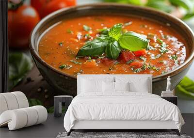 Tomato soup with basil in a brown bowl on a wooden board Wall mural