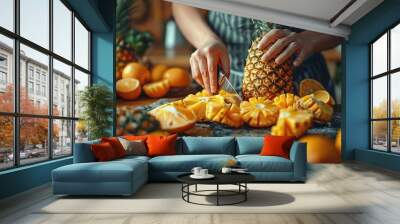 Woman Cutting Pineapple with knife and Oranges on Wooden Table Wall mural