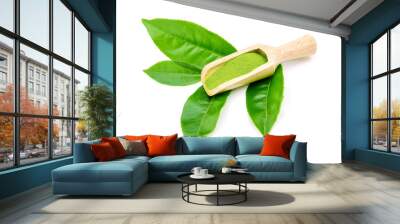 powder green tea and green tea leaf isolated on white background Wall mural