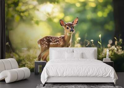 Adorable Fawn Explores Green Meadow on Sunny Summer Day Wall mural