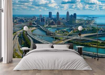 Aerial View of Cleveland OH with Highway, Transit, Train and High-rise Buildings Overlooking Lake Wall mural