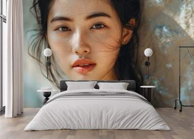 Asian Hair Model. Beautiful Female Model with Clean Fresh Skin for Spa Care and Beauty Concept Wall mural