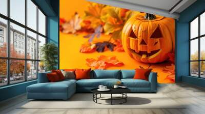 Autumn Pumpkin. Halloween Jack-o-lantern Decorations on Yellow-Orange Background Wall mural