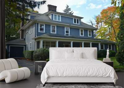 Beautiful Big Blue Two Story American House Design with Driveway Entrance, Garage, and Bushes Wall mural