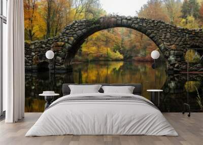 Bridge Water. German Rakotz Bridge in Kromlau Autumn Landscape Wall mural