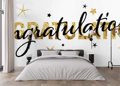 CONGRATULATIONS! gold glitter and black typography banner with stars on transparent background Wall mural