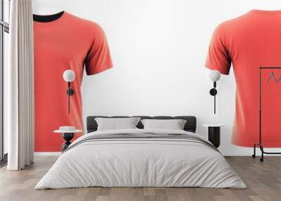 Coral T Shirt Template. Blank T Shirt with Widener Sleeves in Coral Color front and back view on White Background Wall mural