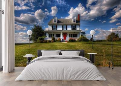 East Coast Home. Suburban Architectural Style Home with Red Door, against Blue Sky and Green Grass in Pennsylvania Wall mural